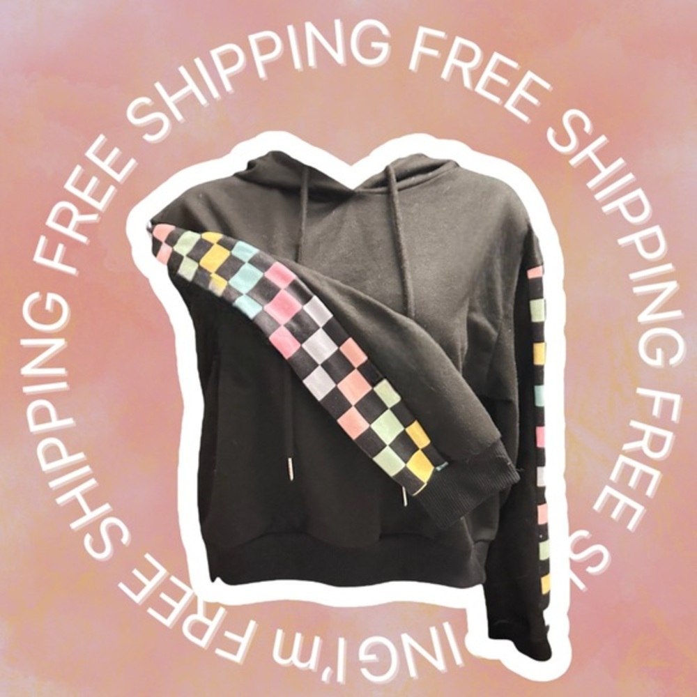 [FREE SHIPPING] ROMWE Colorful Checkered Black Hoodie